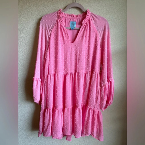 NWT Cece Clip Dot Ruffle Long Sleeve Shift Dress in Pink Begonia - Picture 2 of 12